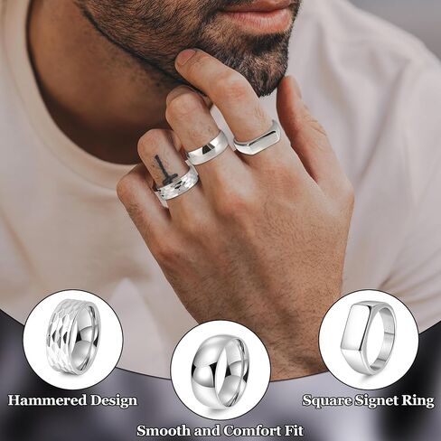 REVOLIA 3Pcs Stainless Steel Rings for Men 8MM Hammered Wedding Ring Set Square Signet Rings Pinky Silver Ring Simple Mens Band Rings Gold/Black/Silver Size 7-13 in Kuwait