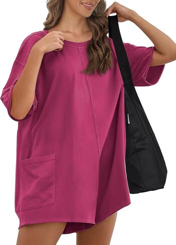 Buauty Women Summer Oversized Jumpsuit Romper,Athletic Workout Short Sleeve Overalls,Trendy Casual Baggy Tee Outfits in Kuwait
