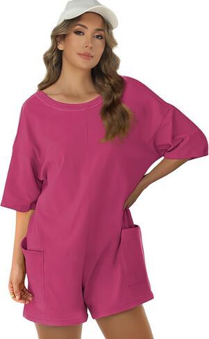 Buauty Women Summer Oversized Jumpsuit Romper,Athletic Workout Short Sleeve Overalls,Trendy Casual Baggy Tee Outfits in Kuwait