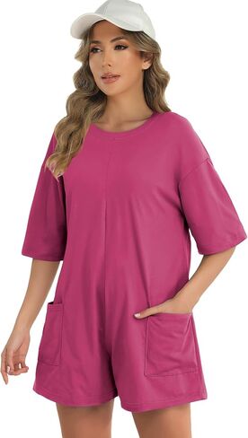 Buauty Women Summer Oversized Jumpsuit Romper,Athletic Workout Short Sleeve Overalls,Trendy Casual Baggy Tee Outfits in Kuwait