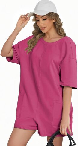 Buauty Women Summer Oversized Jumpsuit Romper,Athletic Workout Short Sleeve Overalls,Trendy Casual Baggy Tee Outfits in Kuwait