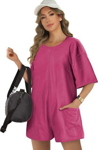 Buauty Women Summer Oversized Jumpsuit Romper,Athletic Workout Short Sleeve Overalls,Trendy Casual Baggy Tee Outfits in Kuwait