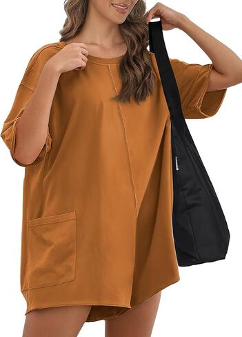 Buauty Women Summer Oversized Jumpsuit Romper,Athletic Workout Short Sleeve Overalls,Trendy Casual Baggy Tee Outfits in Kuwait