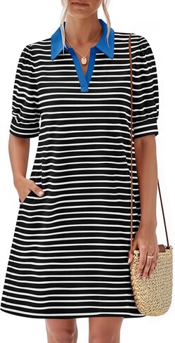 ZESICA Women's Summer Casual Striped Mini Dresses 2025 Lapel V Neck Short Sleeve Flowy A Line T Shirt Dress in Saudi Arabia