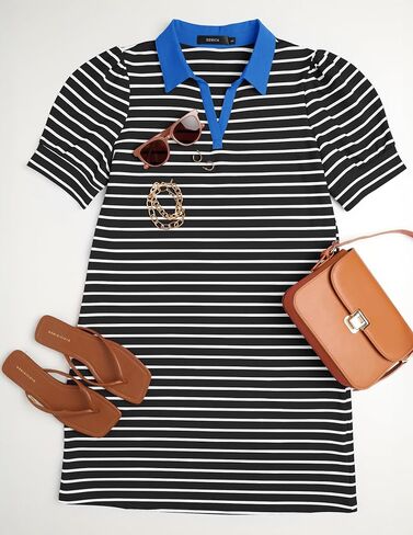 ZESICA Women's Summer Casual Striped Mini Dresses 2025 Lapel V Neck Short Sleeve Flowy A Line T Shirt Dress in Saudi Arabia