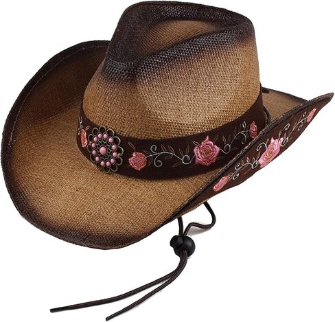 قبعات رعاة البقر للنساء قبعات رعاة البقر السوداء الكلاسيكية منسوجة القش المطرزة القبعات الغربية للنساء شاطئ مهرجان الموسيقى in Kuwait
