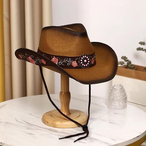 قبعات رعاة البقر للنساء قبعات رعاة البقر السوداء الكلاسيكية منسوجة القش المطرزة القبعات الغربية للنساء شاطئ مهرجان الموسيقى in Kuwait