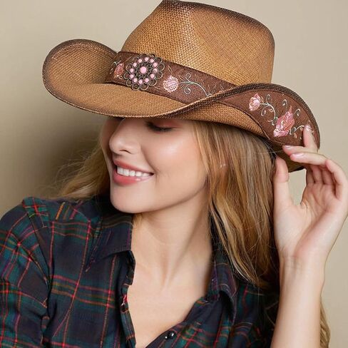 قبعات رعاة البقر للنساء قبعات رعاة البقر السوداء الكلاسيكية منسوجة القش المطرزة القبعات الغربية للنساء شاطئ مهرجان الموسيقى in Kuwait