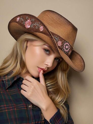 قبعات رعاة البقر للنساء قبعات رعاة البقر السوداء الكلاسيكية منسوجة القش المطرزة القبعات الغربية للنساء شاطئ مهرجان الموسيقى in Kuwait