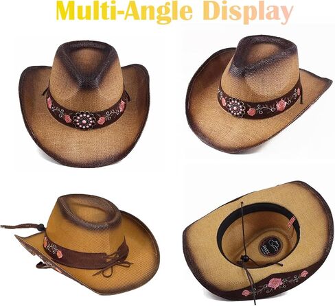 قبعات رعاة البقر للنساء قبعات رعاة البقر السوداء الكلاسيكية منسوجة القش المطرزة القبعات الغربية للنساء شاطئ مهرجان الموسيقى in Kuwait