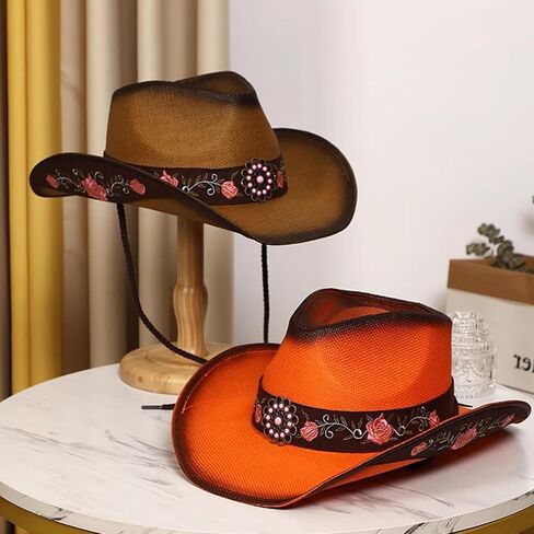 قبعات رعاة البقر للنساء قبعات رعاة البقر السوداء الكلاسيكية منسوجة القش المطرزة القبعات الغربية للنساء شاطئ مهرجان الموسيقى in Kuwait