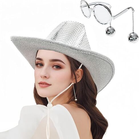 Disco Ball Western Cowboy Hat with Disco Sunglass, Sparkly Mirrored Cowgirl Hat for Women Men Costume Cosplay Party in Saudi Arabia