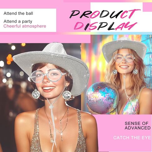 Disco Ball Western Cowboy Hat with Disco Sunglass, Sparkly Mirrored Cowgirl Hat for Women Men Costume Cosplay Party in Saudi Arabia