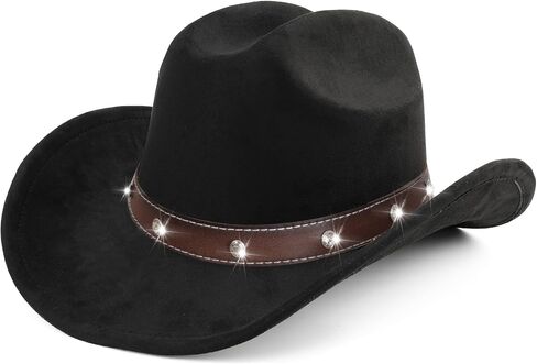 Women Men Cowboy Hat - Western Rhinestone Cowboys Hats Felt Small Wide Brim Cattleman Rodeo Ladies Cowgirls Hat in Kuwait
