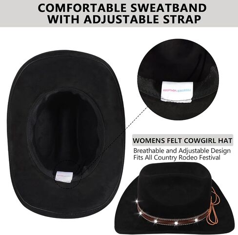 Women Men Cowboy Hat - Western Rhinestone Cowboys Hats Felt Small Wide Brim Cattleman Rodeo Ladies Cowgirls Hat in Kuwait