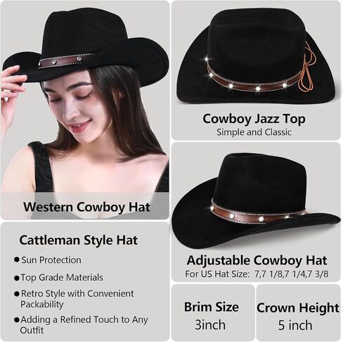 Women Men Cowboy Hat - Western Rhinestone Cowboys Hats Felt Small Wide Brim Cattleman Rodeo Ladies Cowgirls Hat in Kuwait