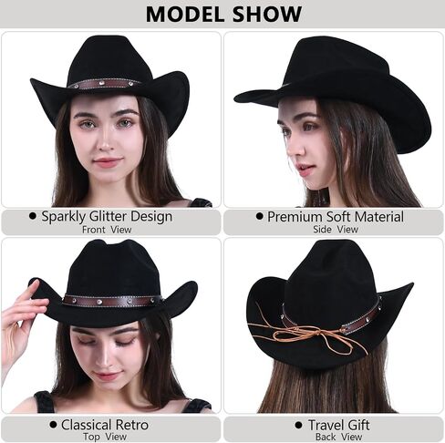 Women Men Cowboy Hat - Western Rhinestone Cowboys Hats Felt Small Wide Brim Cattleman Rodeo Ladies Cowgirls Hat in Kuwait