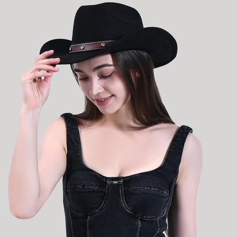 Women Men Cowboy Hat - Western Rhinestone Cowboys Hats Felt Small Wide Brim Cattleman Rodeo Ladies Cowgirls Hat in Kuwait