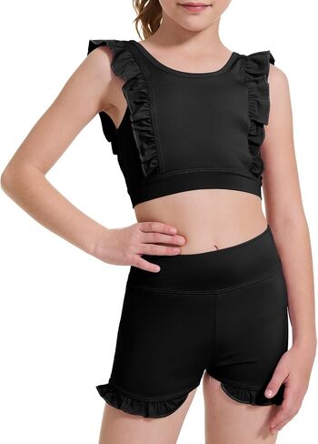 Girls 2 Piece Outfits Athletic Ruffle Short Sets Training Bra Crop Tank with High Waisted Dance Shorts 3-10Years in Saudi Arabia