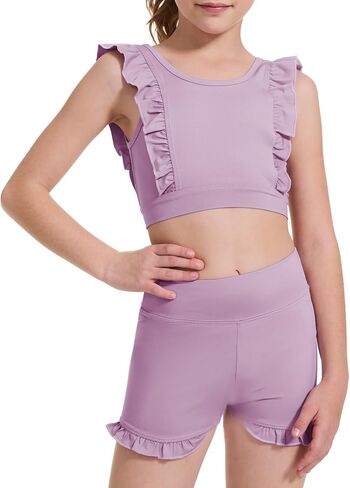Girls 2 Piece Outfits Athletic Ruffle Short Sets Training Bra Crop Tank with High Waisted Dance Shorts 3-10Years in Saudi Arabia
