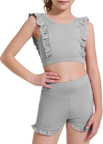 Girls 2 Piece Outfits Athletic Ruffle Short Sets Training Bra Crop Tank with High Waisted Dance Shorts 3-10Years in Saudi Arabia