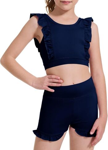 Girls 2 Piece Outfits Athletic Ruffle Short Sets Training Bra Crop Tank with High Waisted Dance Shorts 3-10Years in Saudi Arabia