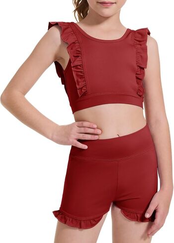 Girls 2 Piece Outfits Athletic Ruffle Short Sets Training Bra Crop Tank with High Waisted Dance Shorts 3-10Years in Saudi Arabia