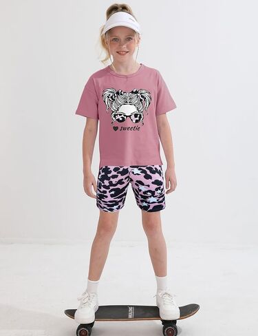 Mksodop Girls Summer Summse Letter Print Front and Back With and Low Low Imstred T-Shirt + Cycling Shorts in Kuwait