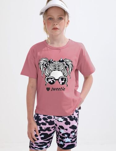 Mksodop Girls Summer Summse Letter Print Front and Back With and Low Low Imstred T-Shirt + Cycling Shorts in Kuwait