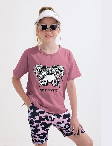 Mksodop Girls Summer Summse Letter Print Front and Back With and Low Low Imstred T-Shirt + Cycling Shorts in Kuwait
