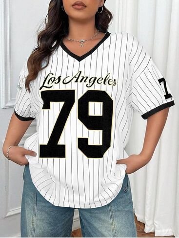 Oversized Jersey Shirts for Women V Neck Tshirt Striped Number Graphic Shirt Casual Y2k Streetwear Tee Tops in Saudi Arabia