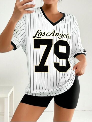 Oversized Jersey Shirts for Women V Neck Tshirt Striped Number Graphic Shirt Casual Y2k Streetwear Tee Tops in Saudi Arabia