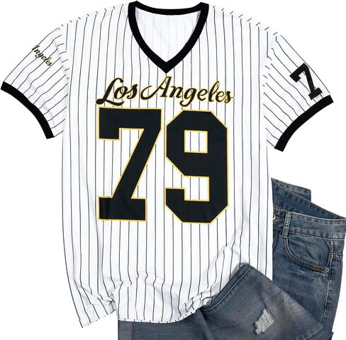 Oversized Jersey Shirts for Women V Neck Tshirt Striped Number Graphic Shirt Casual Y2k Streetwear Tee Tops in Saudi Arabia