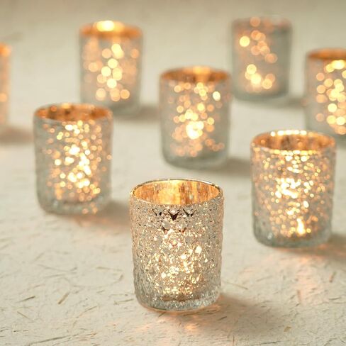 Homemory 12 Pack Silver Glass Poitle Coversive ، حامل شمعة Tealight ، حاملي شموع عتيقة للقطاعات المركزية ، عيد الميلاد ، استحمام الأطفال ، عيد ميلاد ، حفل زفاف ، حفلة in Kuwait