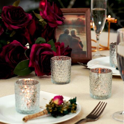 Homemory 12 Pack Silver Glass Poitle Coversive ، حامل شمعة Tealight ، حاملي شموع عتيقة للقطاعات المركزية ، عيد الميلاد ، استحمام الأطفال ، عيد ميلاد ، حفل زفاف ، حفلة in Kuwait