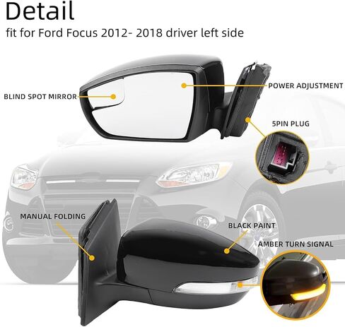 Left Rear View Mirror Fit for Ford Focus 2012-2018, 5-Pin Electric Adjustment ，Rearview Mirror w/Blind Spot, Power Adjustment, Power Heated And Turn Signal Black in Saudi Arabia