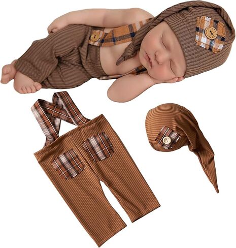 Zeroest Newborn Boy Photo Outfit Props Baby Boy Photography Outfit Photo Shoot Boy Pictures Suspenders Pants Sleeping Hat (Brown) in Kuwait