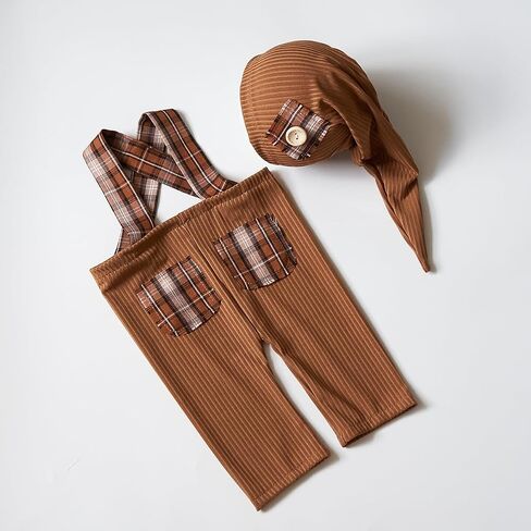 Zeroest Newborn Boy Photo Outfit Props Baby Boy Photography Outfit Photo Shoot Boy Pictures Suspenders Pants Sleeping Hat (Brown) in Kuwait