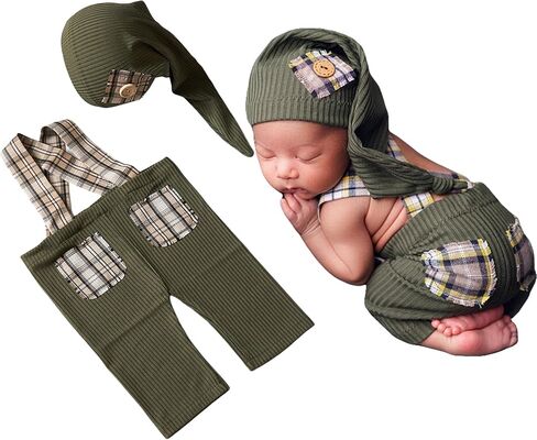Zeroest Newborn Boy Photo Outfit Props Baby Boy Photography Outfit Photo Shoot Boy Pictures Suspenders Pants Sleeping Hat (Brown) in Kuwait