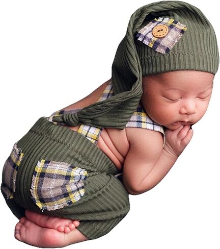 Zeroest Newborn Boy Photo Outfit Props Baby Boy Photography Outfit Photo Shoot Boy Pictures Suspenders Pants Sleeping Hat (Brown) in Kuwait