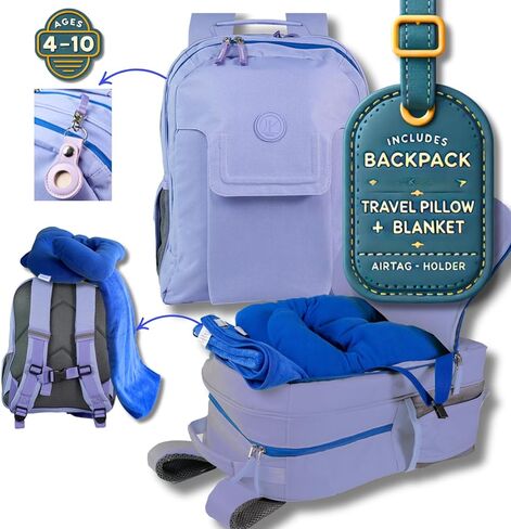 3pc Kids Travel Backpack for airplane | Kids travel pillow and blanket set | Kid AirTag holder included | Purple backpack in Saudi Arabia