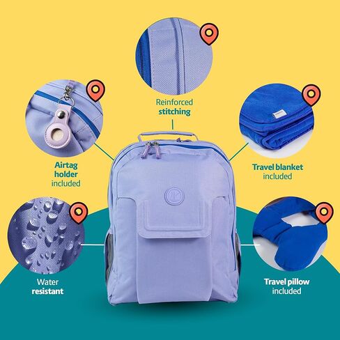 3pc Kids Travel Backpack for airplane | Kids travel pillow and blanket set | Kid AirTag holder included | Purple backpack in Saudi Arabia