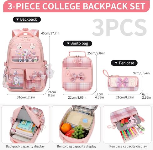 حقائب الظهر الفتيات 3PCS SCHOOL PACK مع صندوق الغداء في سن المراهقة حقيبة ظهر Backpack Cute Kids School Bag Babag for Teen Girls (Blue) in Kuwait