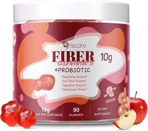 Fiber Gummies with Probiotics,10G Fiber per Serving No Sugar Added Apple Flavor, with 10 Billion CFU Probiotics Blend, Apple Cider Vinegar, Vitamin C, Inulin, Bloating Support 90 Count in Kuwait