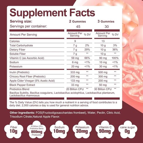 Fiber Gummies with Probiotics,10G Fiber per Serving No Sugar Added Apple Flavor, with 10 Billion CFU Probiotics Blend, Apple Cider Vinegar, Vitamin C, Inulin, Bloating Support 90 Count in Kuwait