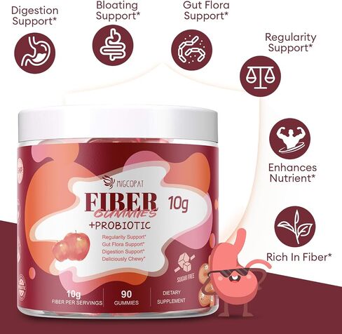 Fiber Gummies with Probiotics,10G Fiber per Serving No Sugar Added Apple Flavor, with 10 Billion CFU Probiotics Blend, Apple Cider Vinegar, Vitamin C, Inulin, Bloating Support 90 Count in Kuwait