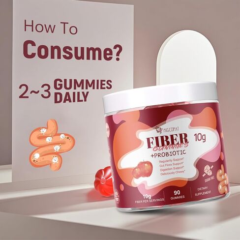 Fiber Gummies with Probiotics,10G Fiber per Serving No Sugar Added Apple Flavor, with 10 Billion CFU Probiotics Blend, Apple Cider Vinegar, Vitamin C, Inulin, Bloating Support 90 Count in Kuwait