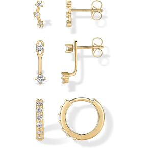 PAVOI 18K Gold Plated Sterling Silver Posts Three Pairs Statement Earrings for Women - Cubic Zirconia Gold Earring Pack - Front Back Ear Jacket Crawler Stud Huggie Piercing Jewelry Set