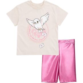 Harry Potter Girls T-Shirt and Metallic Bike Shorts Outfit Set Toddler to Big Kid Sizes (4T - 14-16)