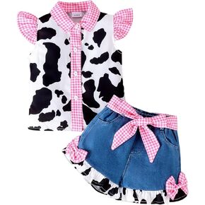 IDOPIP Toddler Girls Western Cowgirl Denim Outfit Button Up Cow Print Shirt Top with Shorts Sets Jeans Shorts Plaid Clothes